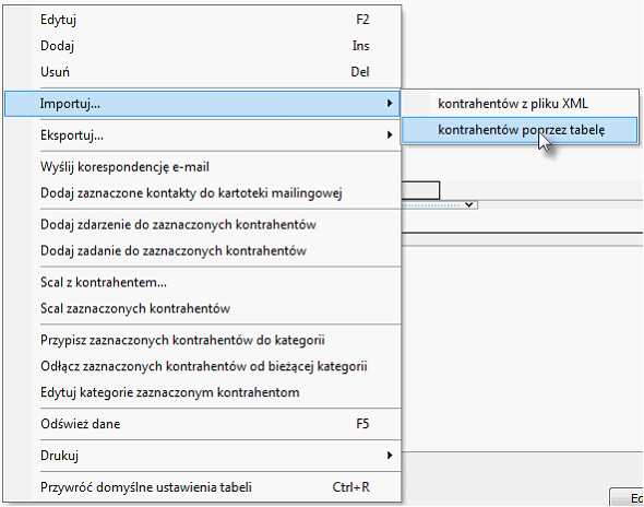 2 Struktura programu i podstawowe funkcje 2.3.3.8 Import i export informacji o kontrahentach Import kontrahentów odbywa się poprzez tabelę lub z pliku wymiany danych - XML.