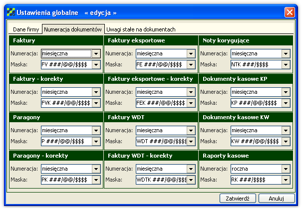 SAN Organizer 1.0 Program posiada domyślnie zdefiniowany sposób numerowania dokumentów. Każdy z ich rodzajów posiada własną maskę oraz sposób nadawania numeru.