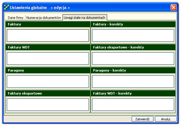 2 Struktura programu i podstawowe funkcje W tym miejscu możliwe jest definiowanie tekstów automatycznie wpisywanych w polu uwagi podczas wystawiania dokumentów sprzedaży.