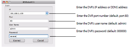 Wprowadź adres IP Twojego DVR lub adres DDNS Wprowadź numer portu DVR (domyślnym portem jest port 80) Wprowadź nazwę