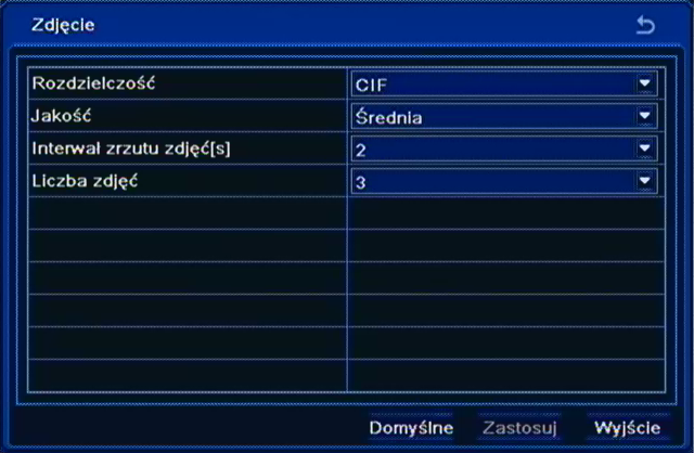 NDR-BA3104 Instrukcja obsługi wer.1.0 KONFIGURACJA REJESTRATORA 5.1.3.6. Zdjęcie Po wybraniu z menu NAGRYWANIE pozycji ZDJĘCIE pojawi się poniższy ekran.