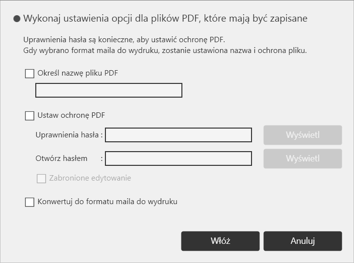 Obsługiwanie pliku 3. Aby zmienić nazwę pliku PDF, który ma być dołączony do e-maila, określić hasło do pliku PDF lub zabronić edytowania pliku PDF, dotknij [Ustawienia opcji dla zapisanego pliku].