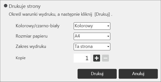 2. Używanie tablicy interaktywnej 1. Dotknij ikonę Importuj i zapisz. 2. Dotknij ikonę [Drukuj]. PL DHG330 Pojawia się okno określenia warunków drukowania. 3. Określ opcje drukowania.