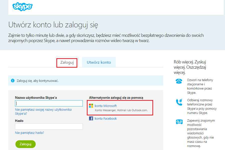 Rys. 13 Okienko logowania lub tworzenia konta w Skype. Instalacja oprogramowania Skype W witrynie http://www.skype.com/pl/ wciśnij przycisk Pobierz Skype. Wybierz zakładkę Komputer. Wciśnij przycisk.