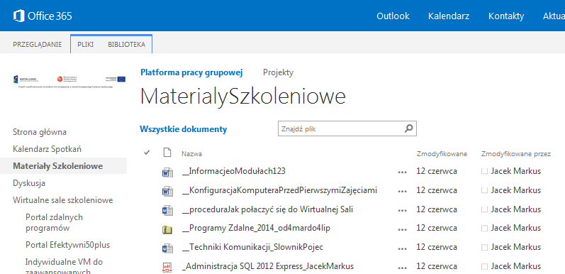 W bibliotece dokumentów, której przykładem jest biblioteka Materiały Szkoleniowe, można udostępniać różne pliki z możliwością ich podglądu.