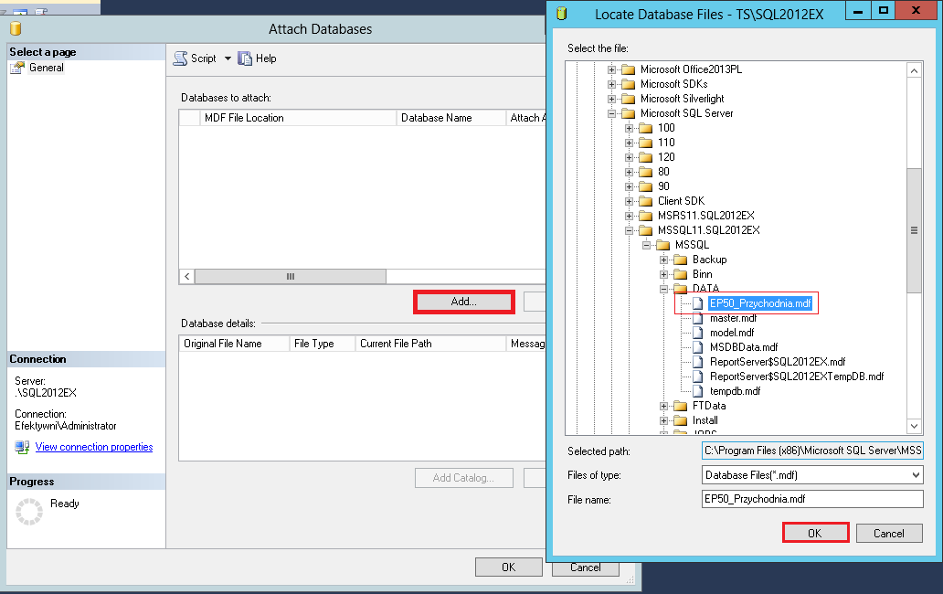 Rys. 20 Okienka Attach Database oraz Locate Database Files. W oknie Attach Database w sekcji EP50_Przychodnia databasedetails powinny być widoczne dwa pliki: Data i Log.