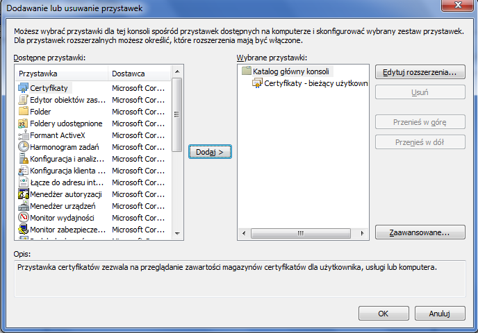 W oknie Dodawanie lub usuwanie przystawek w okienku Wybrane przystawki jest widoczne Certyfikaty bieżący użytkownik, co pokazuje rysunek 24. Wciśnij przycisk OK. Rys.