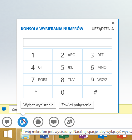 13. Na dole strony znajdują się kolejne ikony z poszczególnymi funkcjami, jakie daje nam Lync w czasie wideokonferencji: Szybkie widaomości do uczestników lekcji i prowadzącego Mikrofon i dźwięk