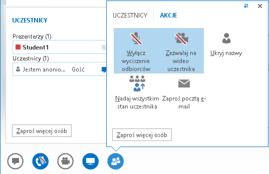 Rys. 41 Okienko zawierające informację o osobie, która dołączyła do spotkania. Obsługa wirtualnej sali w czasie spotkania Podczas spotkania prezenter ma możliwość zarządzania uczestnikami.