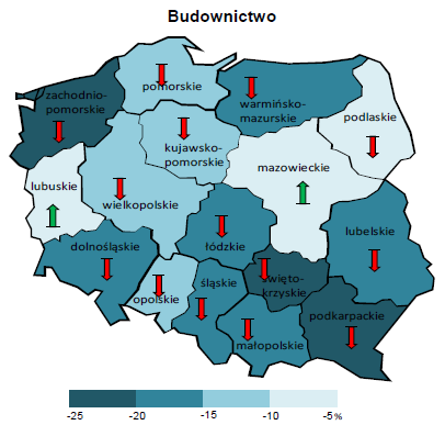 Wykres 3 Ogólny klimat koniunktury w budownictwie według województw (dane wg siedziby przedsiębiorstwa) Źródło: publikacja GUS Oceny bieżące i prognozy portfela zamówień, produkcji