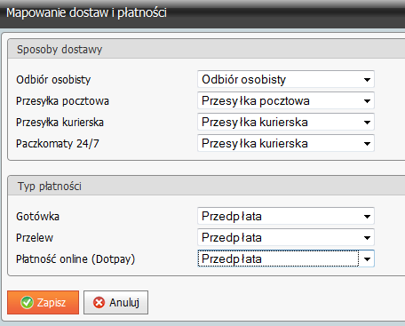 Rys. 75 Zakładka Parametry w Konfiguracji 3.2.2 Mapowanie dostaw i płatności Kolejną sekcją jest Mapowanie dostaw i płatności, która zawiera wszystkie sposoby dostaw oraz formy płatności. Rys.