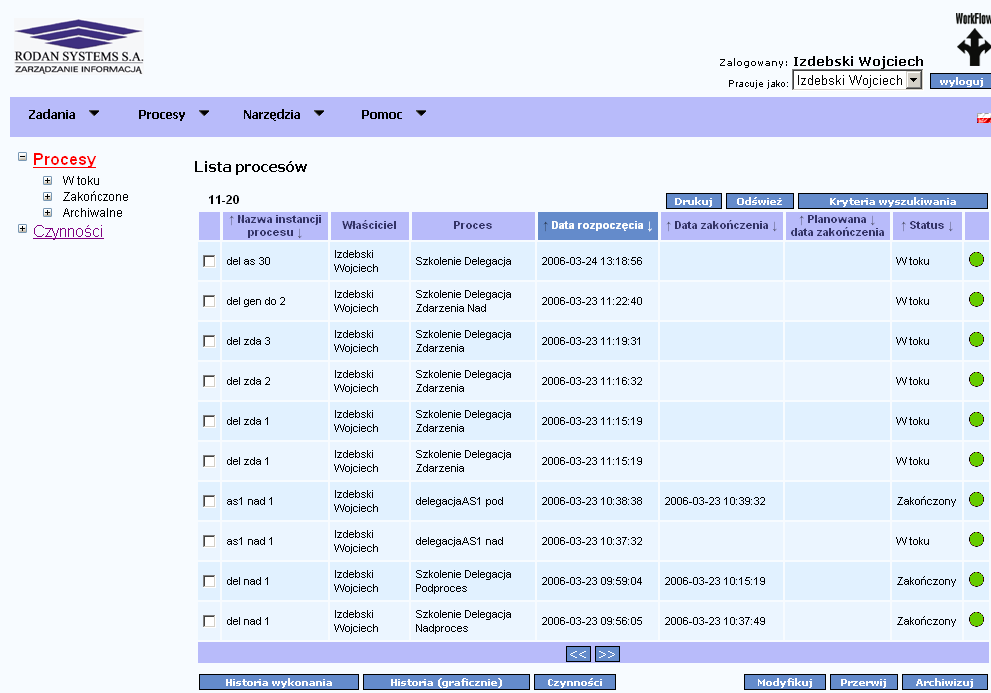 Monitorowanie instancji procesów Kategoryzacja instancji procesów W toku Zakooczone Archiwalne Lista