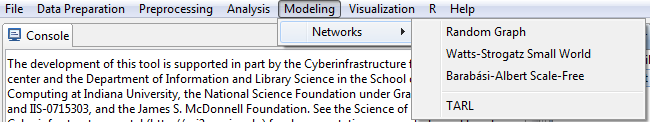 Rysunek 9 Menu Analysis 2.2.5 Modelowanie (Modeling) Menu Modeling udostępnia możliwość stworzenia nowych sieci według predefiniowanych modeli za pomocą kilku algorytmów (domena Network).