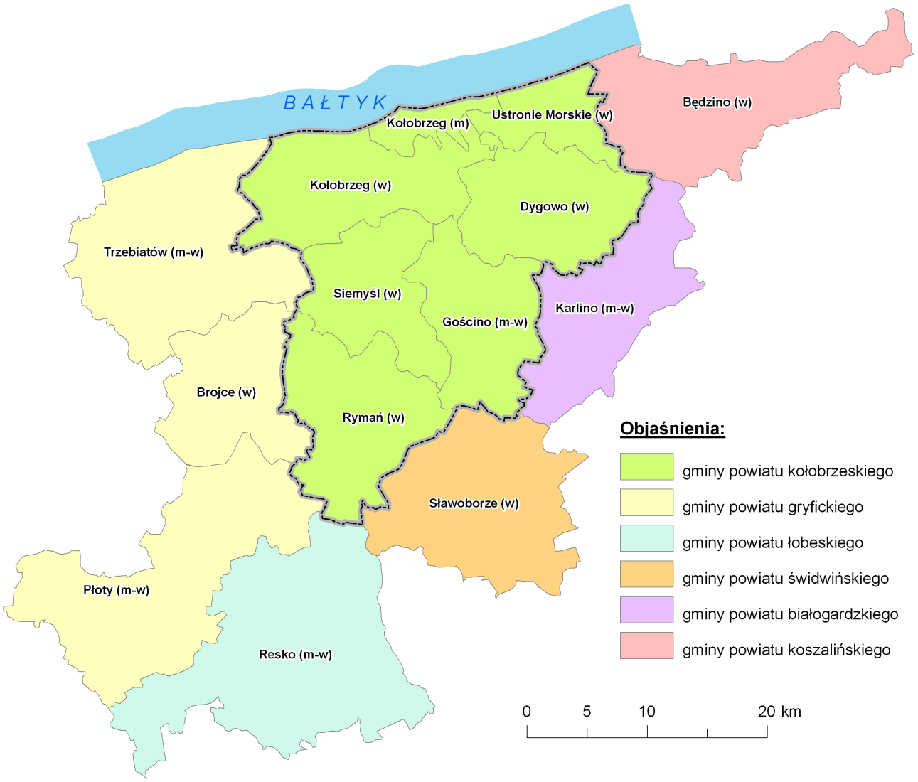 Rysunek 2 Położenie administracyjne Powiatu Kołobrzeskiego Źródło: Opracowanie własne na podstawie www.geoportal.gov.pl Gmina Dygowo Gmina Dygowo leży w dorzeczu Parsęty.