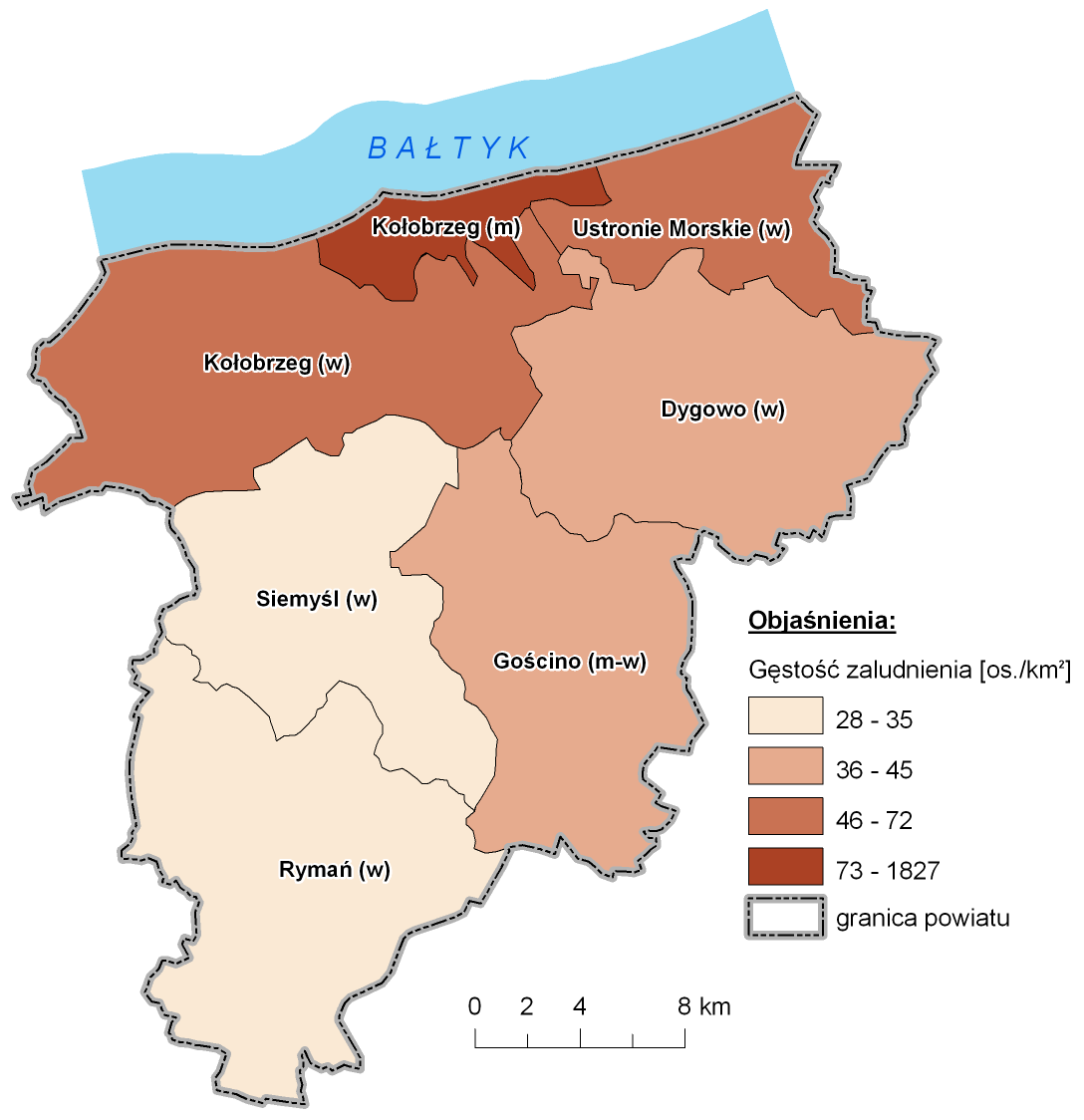 jednostkach administracyjnych. Największa gęstość występuje w ośrodkach miejskich, najmniejsza na terenach wiejskich.