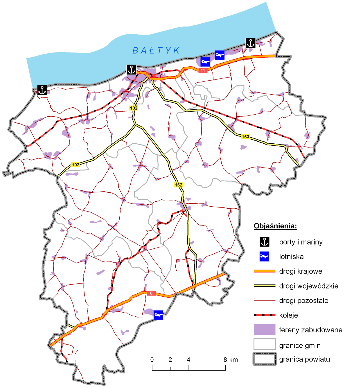 Na poniższym rysunku przedstawiono jak prezentuje się sieć dróg wojewódzkich i krajowych na terenie powiatu.