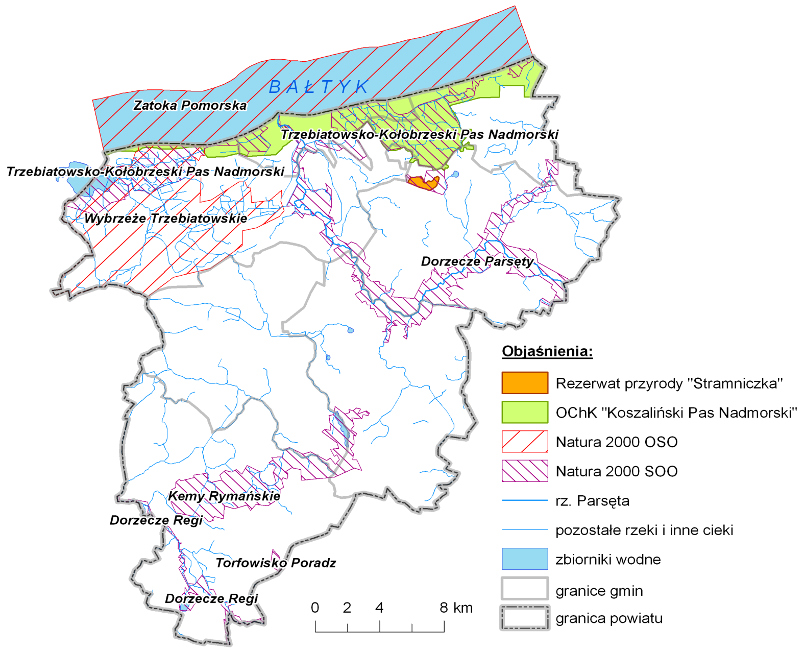 renie Powiatu wyznaczono szereg form ochrony przyrody w postaci obszarów Natura 2000, użytków ekologicznych, rezerwatu przyrody, stanowiska dokumentacyjnego, obszaru chronionego krajobrazu, a także