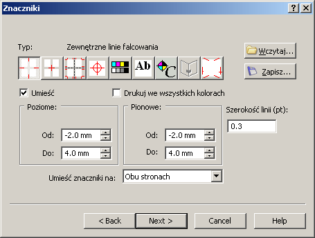 Na początek Następne okno dialogowe umożliwia ustawienie szerokiej gamy znaczników umieszczanych na arkuszu impozycyjnym.