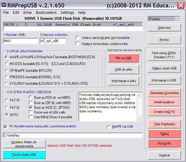 Wybrane programy narzędziowe do pamięci masowej i USB RMPrepUSB program służący do zakładania partycji aktywnej, formatowania oraz tworzenia sektorów rozruchowych (MBR).