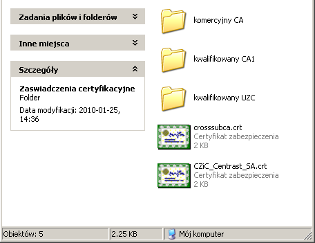 Procedurę instalacji certyfikatu naleŝy przeprowadzić dla kaŝdego pliku z ww. katalogu, a takŝe w jego podkatalogach.