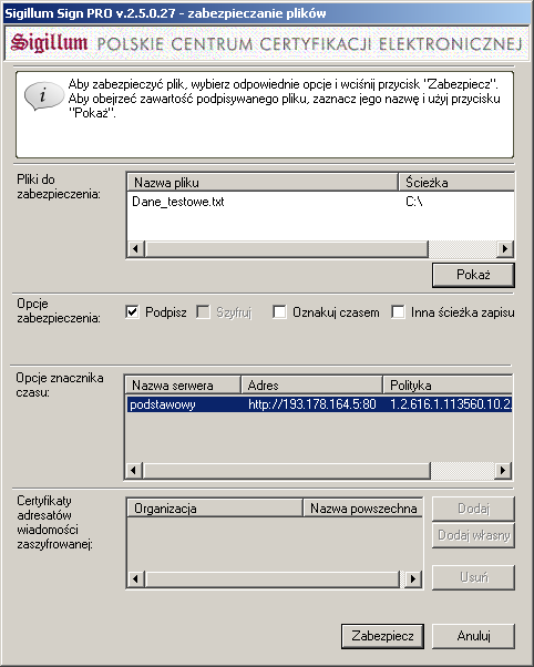 W dalszej kolejności naleŝy skontrolować opcje podpisu, włoŝyć kartę kryptograficzną do czytnika i zatwierdzić kliknięciem przycisku Zabezpiecz. Na kolejnych ekranach trzeba m.in.