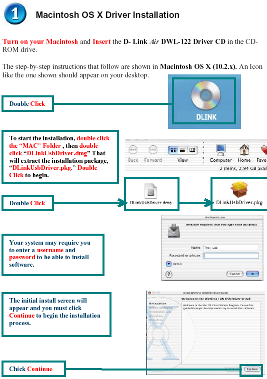 Instalacja sterownika w systemie Macintosh OS X Włącz komputer i włóż do napędu CD-ROM dysk ze sterownikami karty D-Link Air DWL-122.