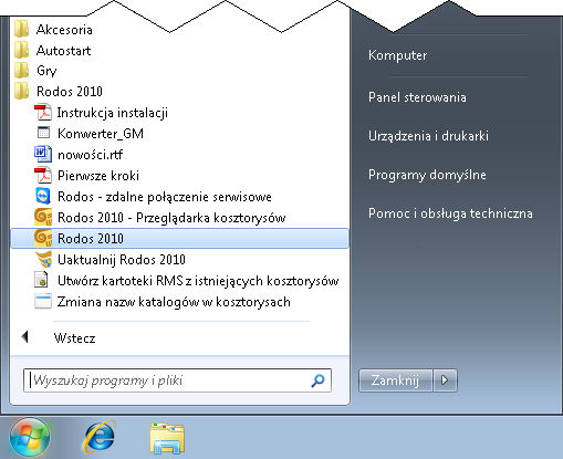 1.4. Uruchomienie programu Rodos 2010 Kliknij przycisk Start znajdujący się w lewym dolnym rogu ekranu, następnie wybierz pozycję Wszystkie programy, grupę Rodos 2010 i kliknij