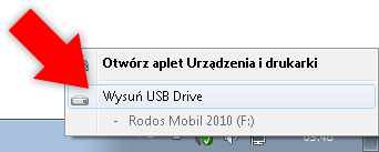 Jeżeli żaden z programów nie korzysta już z danych znajdujących się na dysku PenDrive, wyświetlony zostanie komunikat Sprzęt może być bezpiecznie usunięty. Dopiero wtedy wypnij PenDrive z gniazda USB.