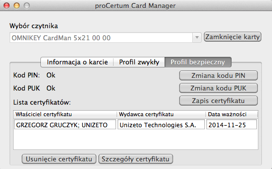 Rysunek 41 profil zwykły karty import certyfikatu Profil bezpieczny informacje na temat profilu i zawartych w nim certyfikatów Rysunek 42 profil bezpieczny karty W zakładce tej użytkownik może