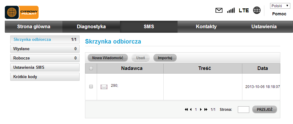 Informacje o urządzeniu Informuje o najważniejszych danych urządzenia oraz połączenia. 8.4. SMS Skrzynka odbiorcza Dostępne są odebrane wiadomości SMS.