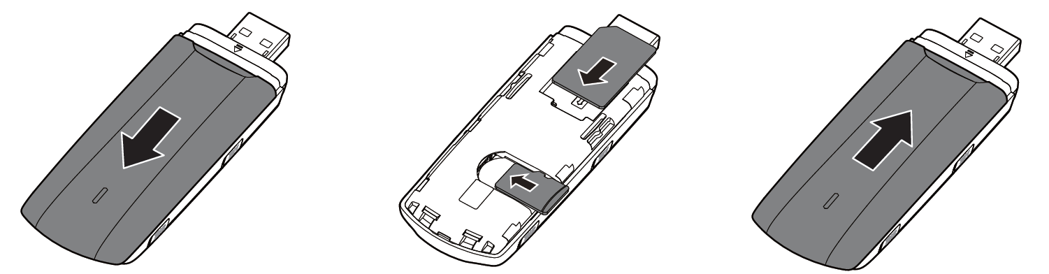 5. Przygotowanie modemu USB do działania 1. Przesuo i zdejmij przednią pokrywę modemu USB. 2. Włóż kartę SIM do odpowiedniego gniazda zgodnie z ilustracją poniżej.