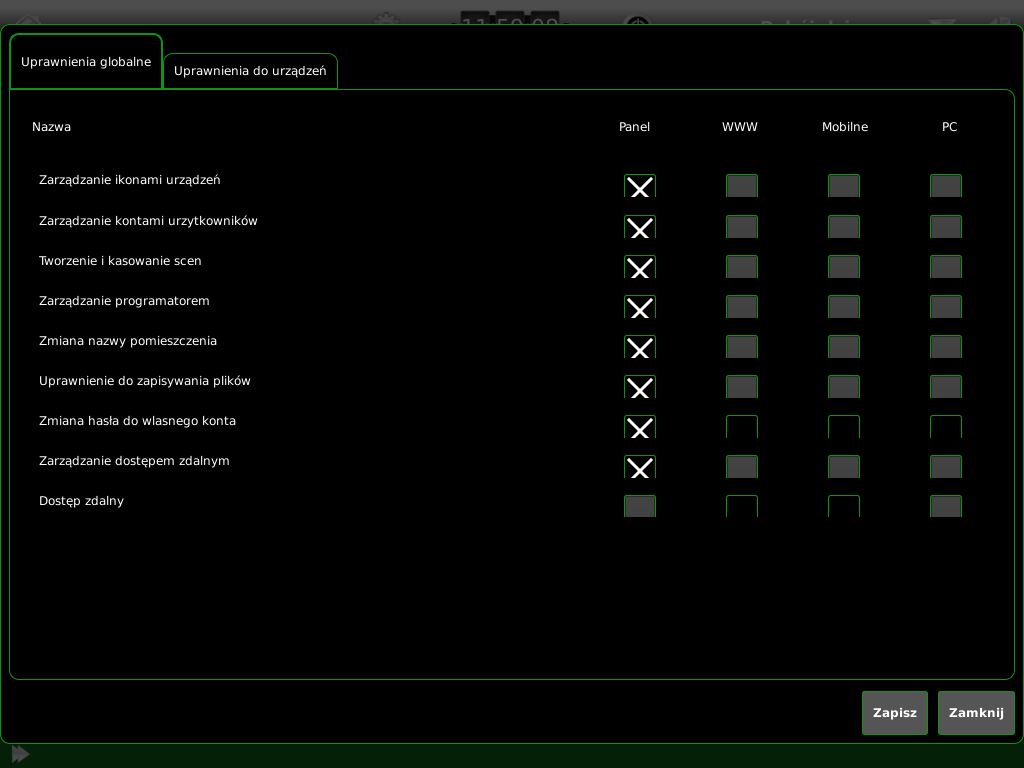 b) Uprawnienia globalne. Każdemu użytkownikowi należy nadać uprawnienia globalne potrzebne do pracy z panelem. Zarządzanie ikonami urządzeń możliwość dodawania i usuwania ikon urządzeń.