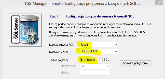 Rysunek 17. Wybór parametrów połączenia z serwerem SQL dla zainstalowanej wersji SQL Server Express 2008 Po wybraniu odpowiednich parametrów połączenia (jak na rysunku 16. lub 17.