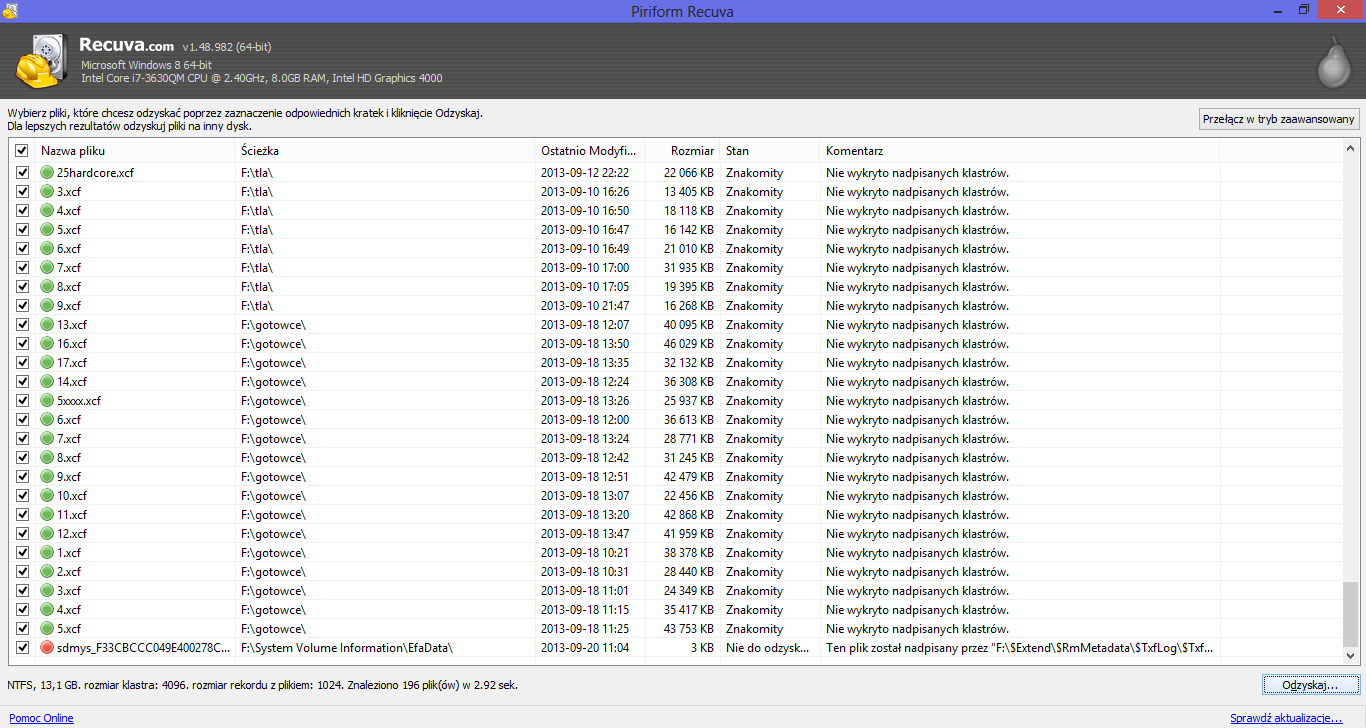 skania danych zaznaczamy pliki które nas interesują i naciskamy przycisk Odzyskaj.