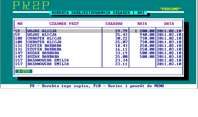 PROCOMP - wg daty rejestracji W wyświetlonym polu wpisujemy datę w postaci RR.MM.DD., po czym uzyskujemy listę członków.