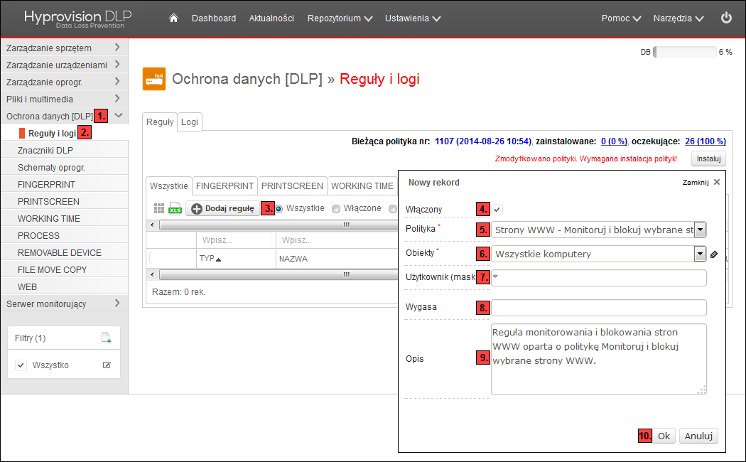 KROK 4: W celu utworzenia reguły bezpieczeństwa należy: 2) W menu Ochrona danych [DLP] kliknąć Reguły i logi. 3) W widoku Reguły i logi kliknąć Dodaj regułę.