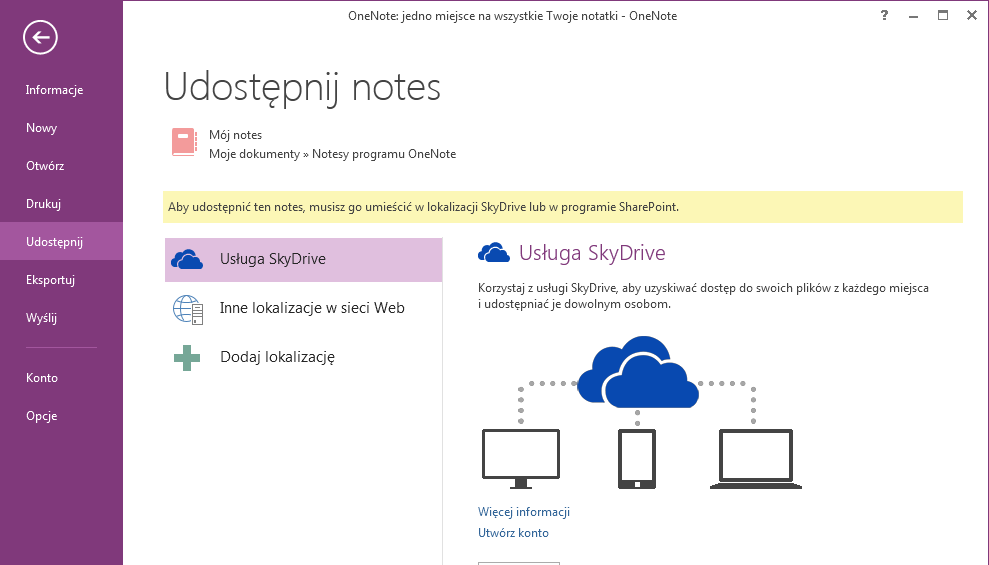 Przechowywanie notatek w chmurze Jeśli dopiero rozpoczynasz pracę w programie OneNote, zostanie wyświetlony monit o nawiązanie połączenia z chmurą, w której program OneNote utworzy pierwszy notes.