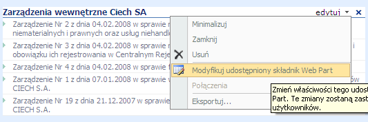 7.1.5 Edytowanie telefonów podręcznych Tak samo, jak kontener z łączami obrazkowymi, jest to Web Part