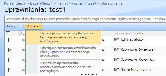 Po tej operacji Aby dodać użytkowników/grupę i nadać im uprawnienia: Aby usunąć uprawnienia jakiegoś użytkownika/grupy: