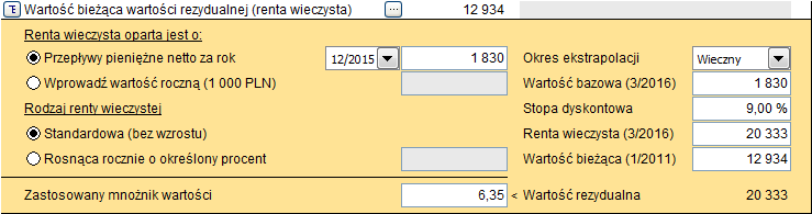 Zastosowany mnożnik wartości Kiedy użyta jest renta wieczysta/ ekstrapolacja, zastosowany mnożnik wartości jest automatycznie wyliczony u dołu tabeli