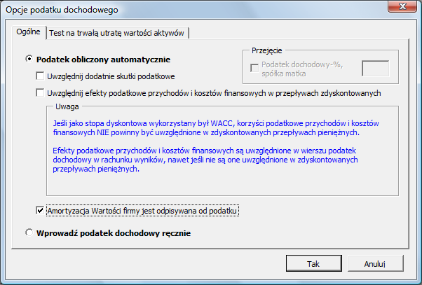 Amortyzacja wartości firmy (Goodwill) opcja odpisu od opodatkowania Do Opcji podatku dochodowego została dodana opcja umożliwiająca odpis amortyzacji wartości firmy (goodwill) od przychodu przed