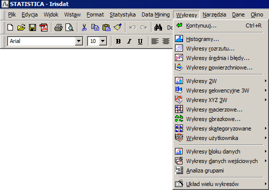 ROZDZIAŁ 3: ŚRODOWISKO PRACY Narzędzia graficzne dostępne są na karcie Wykresy: Z kart Statystyka, Data Mining i Wykresy możemy skorzystać zawsze, gdy otwarty jest jakikolwiek dokument pakietu