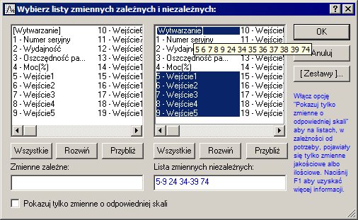 ROZDZIAŁ 2: PRZYKŁADY nych tworzących zestaw wybrany w lewym panelu. Oba panele są puste, gdy w arkuszu nie zdefiniowano żadnego zestawu.