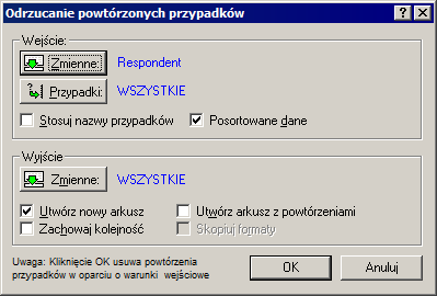 ROZDZIAŁ 2: PRZYKŁADY W grupie Wejście klikamy przycisk Przypadki. Przywoła to okno Warunki selekcji przypadków umożliwiające określenie podzbioru przypadków, których dotyczyła będzie operacja.