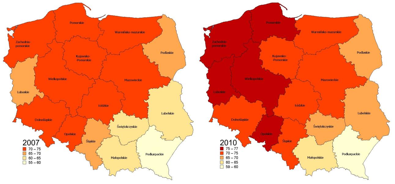 Mapa 22. Stopień towarowości rolnictwa w Polsce w latach 2007 i 2010