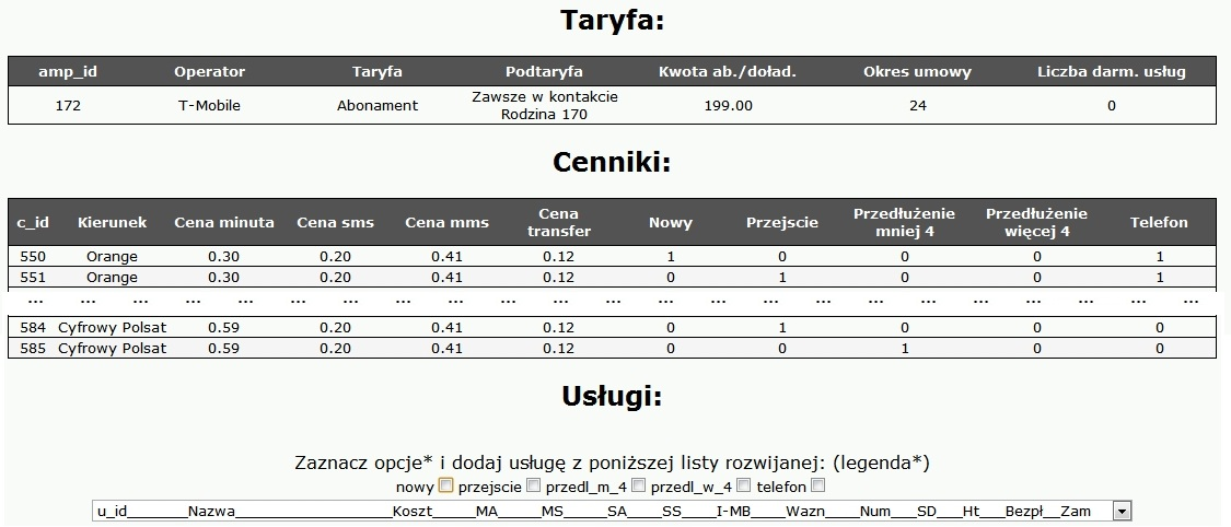 3. Implementacja 51 Rys. 3.7. Dodawanie cenników do jednej z taryf z rysunku 3.6 Na rysunku nr 3.7 pokazano taryfę o identyfikatorze 172 do której przypisany został zbiór cenników (550-585).