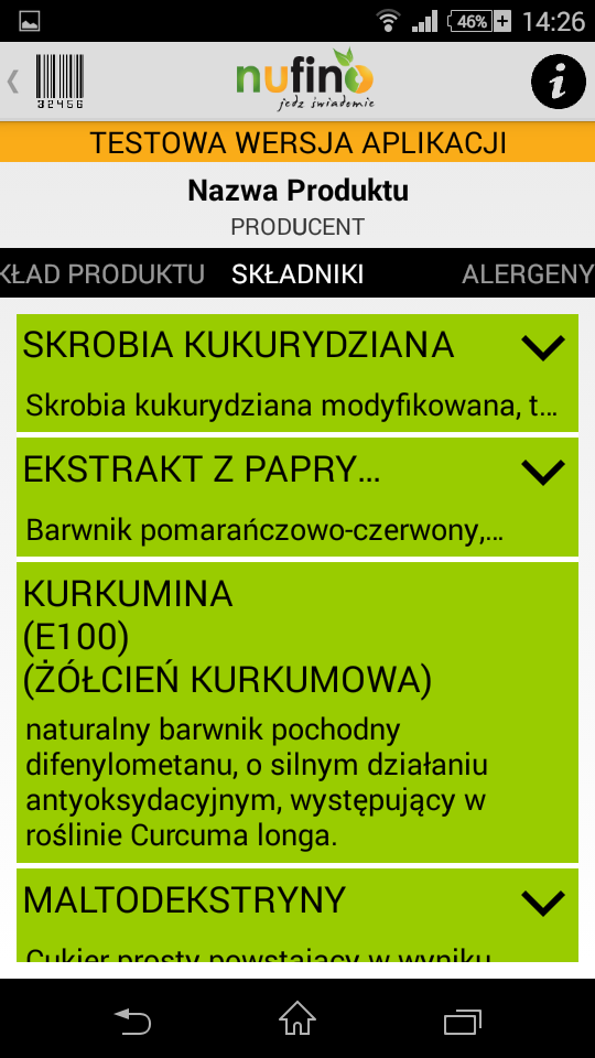 Ekran 2: składniki Opisy składników oraz ich ocena przygotowane przez ekspertów na podstawie literatury zwartej i ostatnich badań.