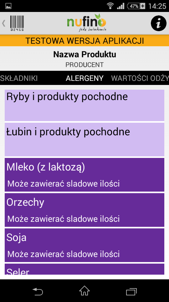 Ekran 3: alergeny 14 zdefiniowanych alergenów.