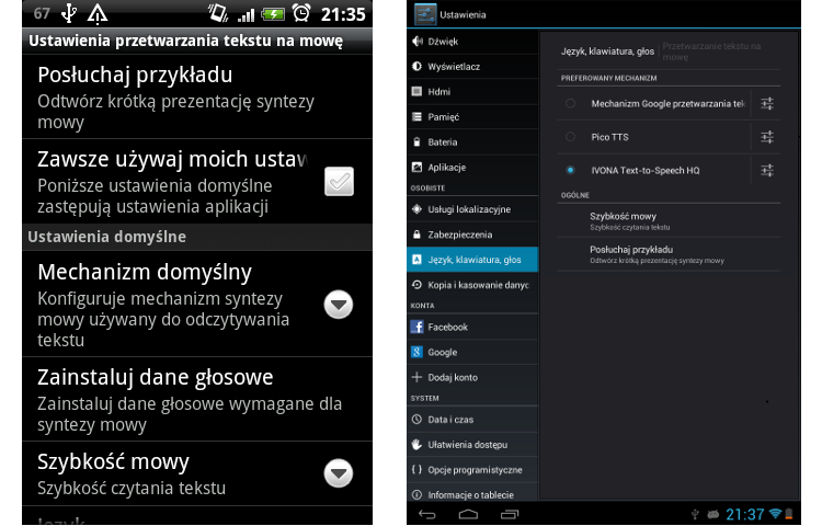 Rysunek 3.1. Wygląd ekranu ustawień systemu syntezy mowy na systemach Android 2.3.6 i 4.