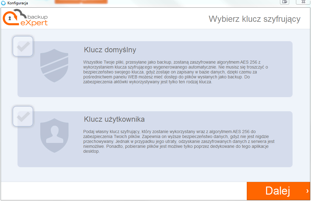 Kreator krok 2 Wszystkie dane przesyłane za pośrednictwem aplikacji BackupExpert, szyfrowane są jeszcze przed wysyłką na komputerze użytkownika.